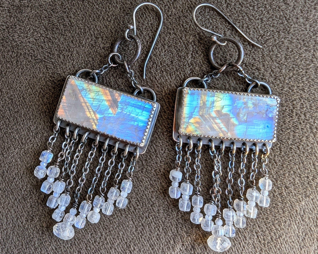 Rainbow moonstone earrings with bead fringe by Rebellenhaus