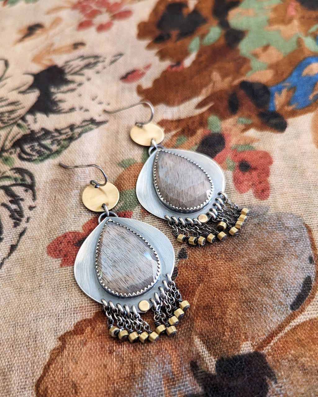 Grey moonstone statement earrings with brass fringe in oxidized sterling silver