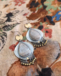 Grey moonstone statement earrings with brass fringe in oxidized sterling silver