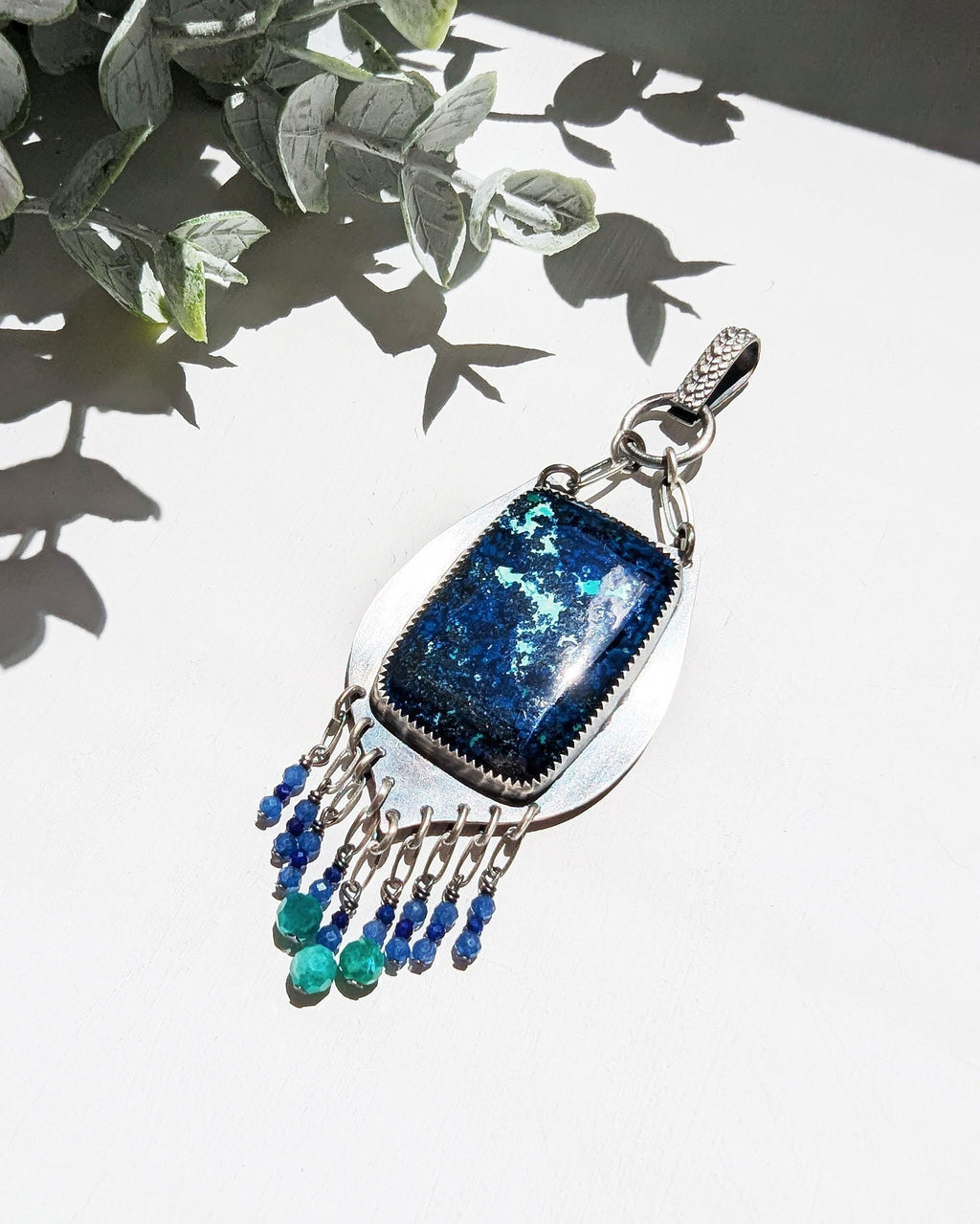 Blue and green azurite malachite pendant with amazonite and lapis beads