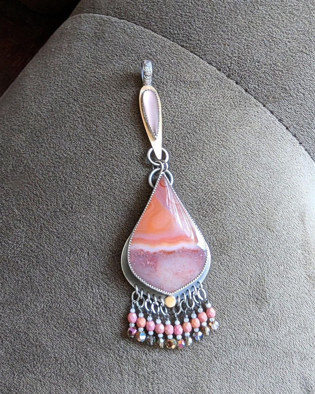 Vintage 1960s frosted pink glass pendant in oxidized sterling silver