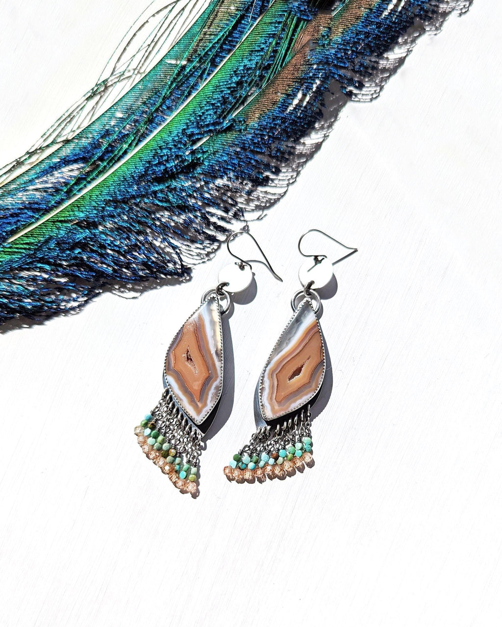 Banded agate and turquoise fringe earrings in oxidized sterling silver