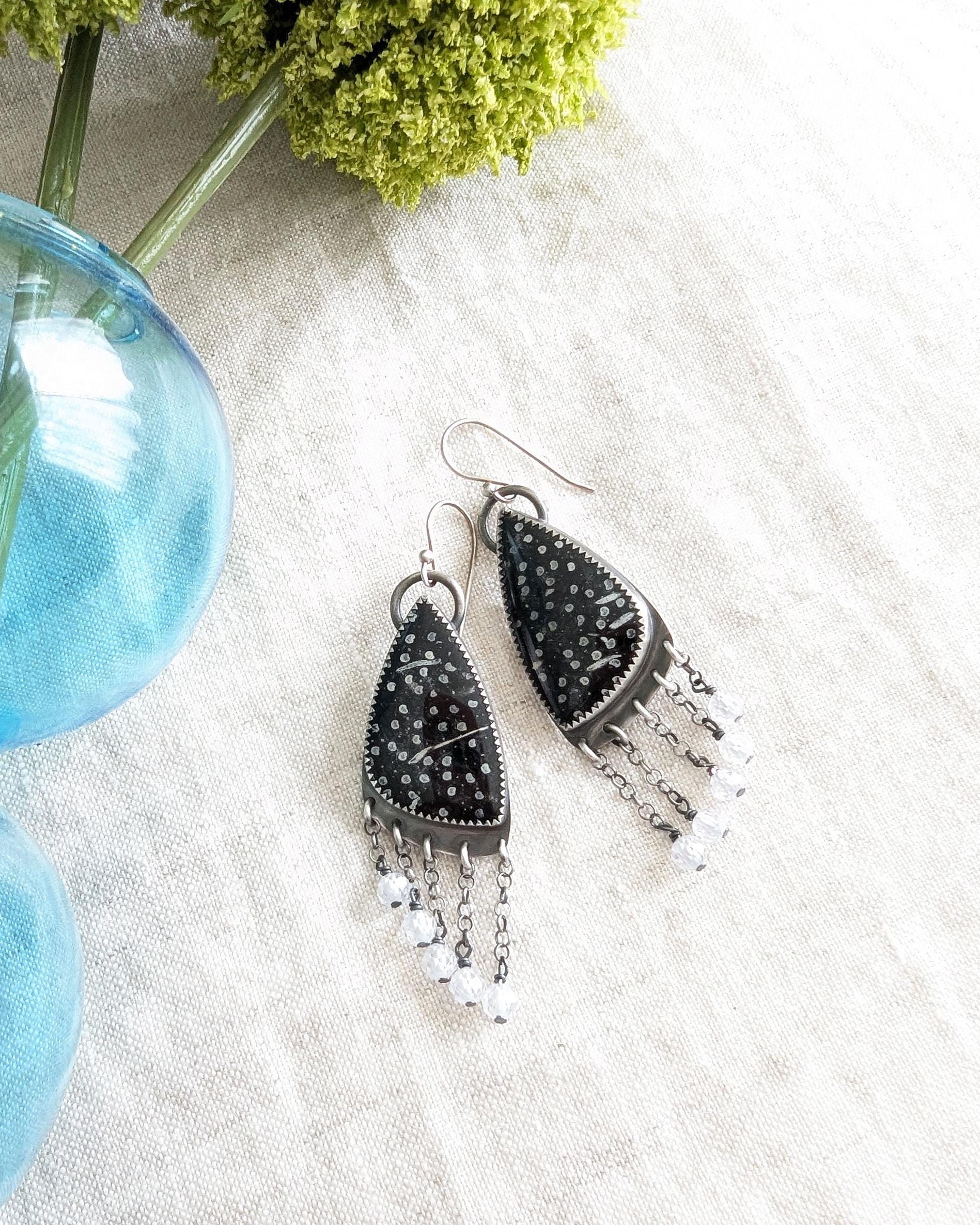 CZ bead fringe detail on oxidized sterling silver palm root agate earrings
