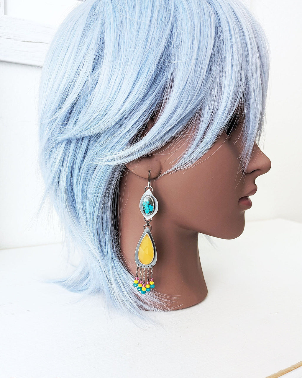Gemstone earrings combining blue turquoise and golden yellow calcite