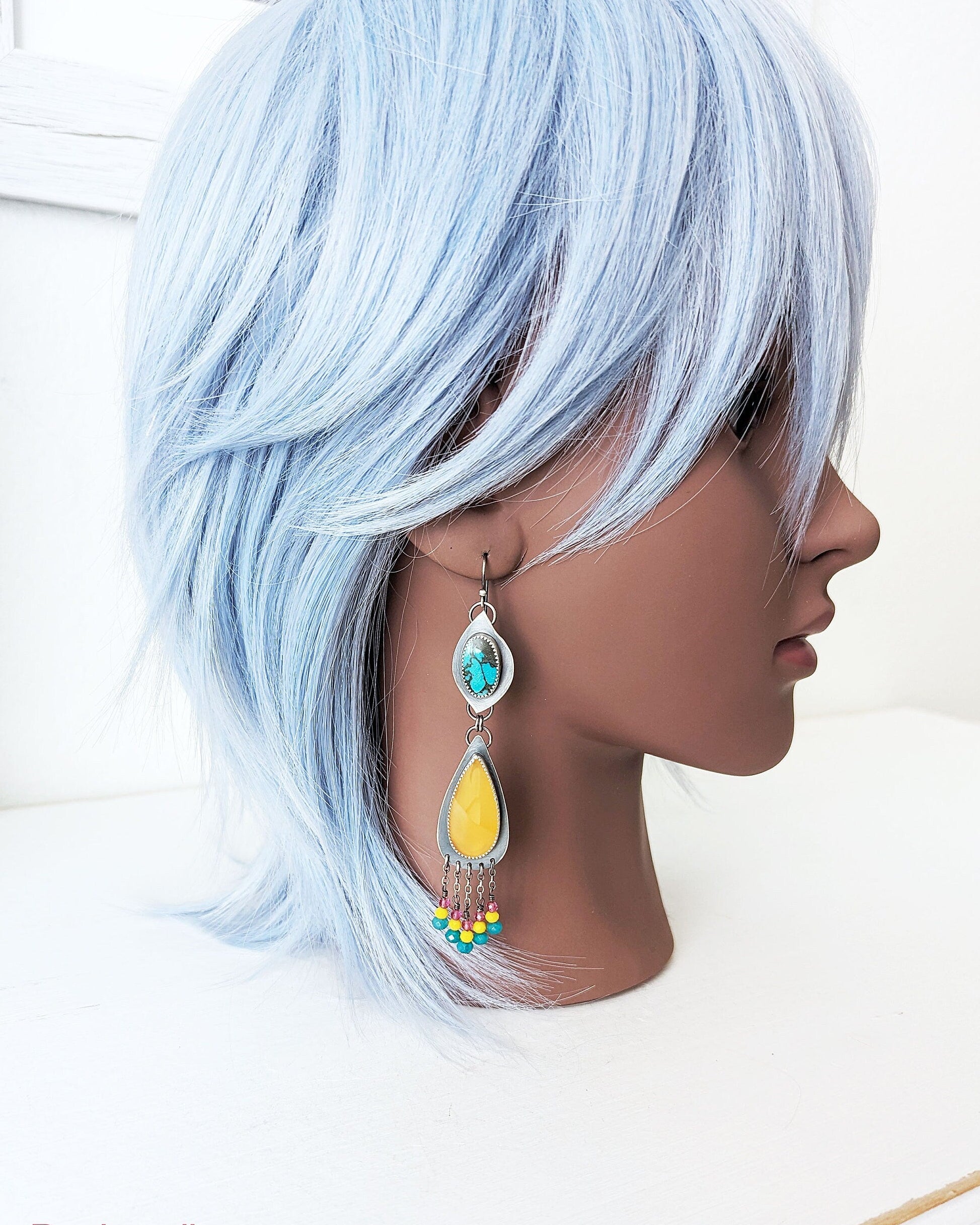 Gemstone earrings combining blue turquoise and golden yellow calcite