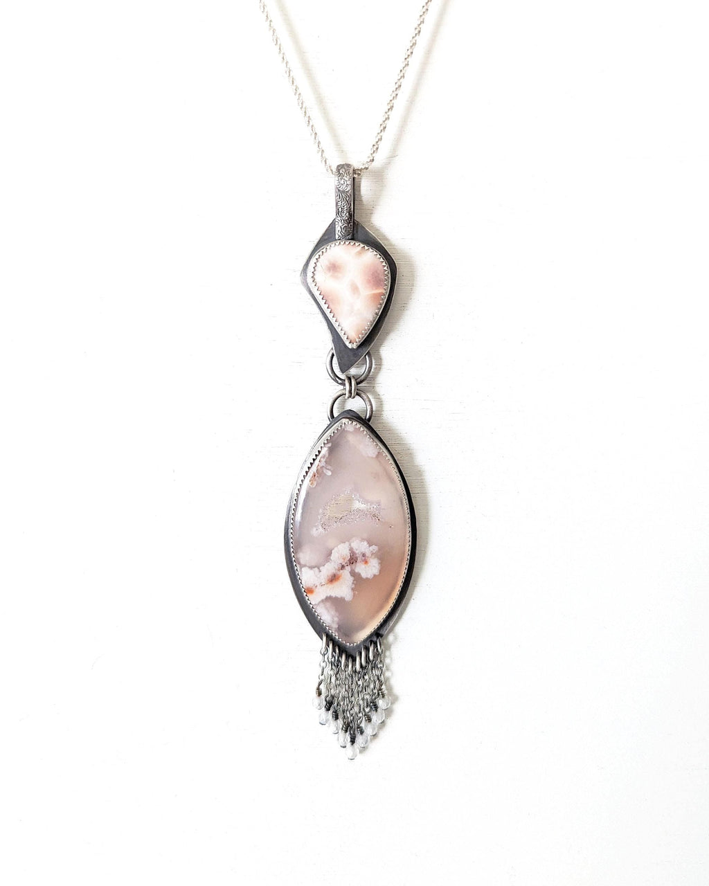 Two stone pendant with delicate cubic zirconia beaded fringe and artisan handmade finish
