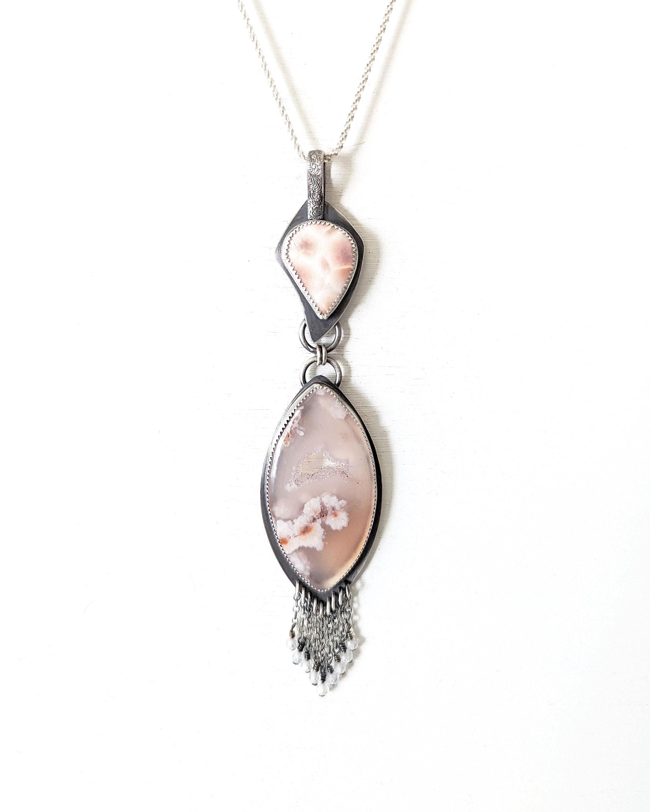 Two stone pendant with delicate cubic zirconia beaded fringe and artisan handmade finish
