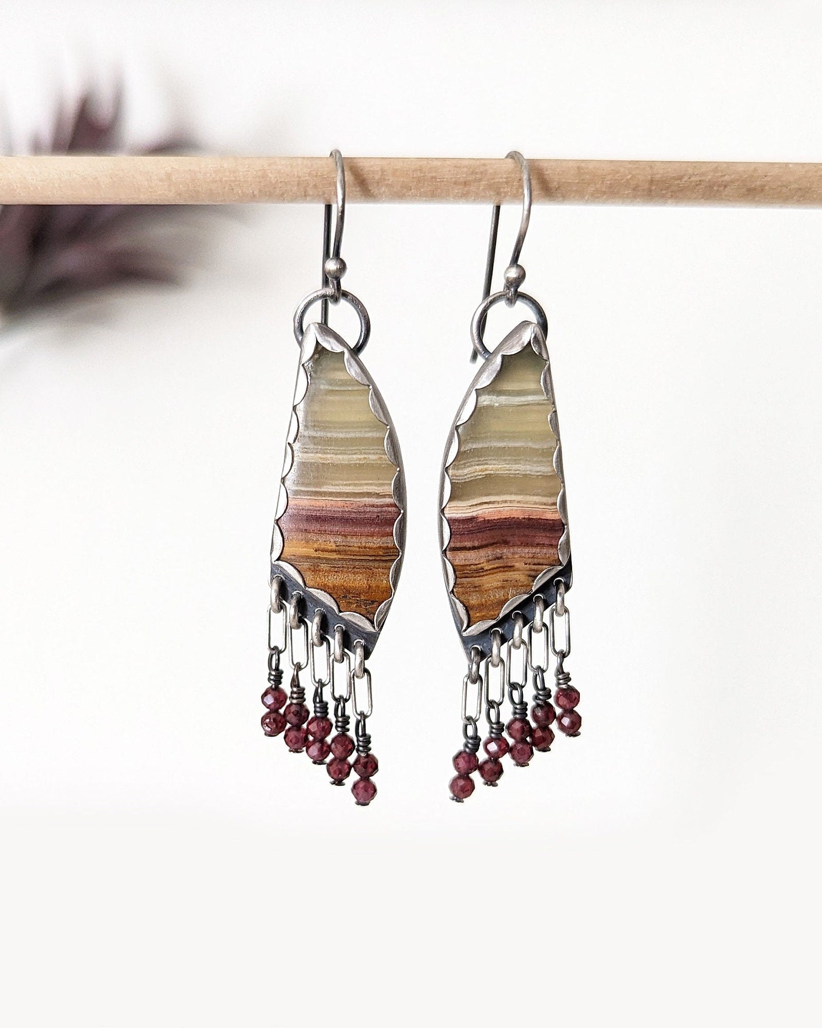 Boho oxidized sterling silver earrings with purple garnet beads