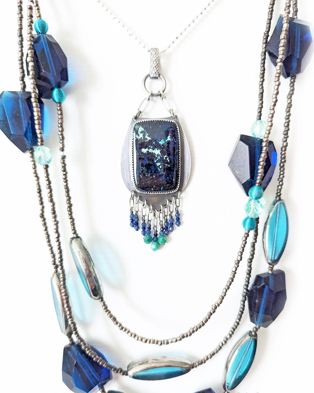 Earthy boho luxe pendant featuring azurite malachite stone