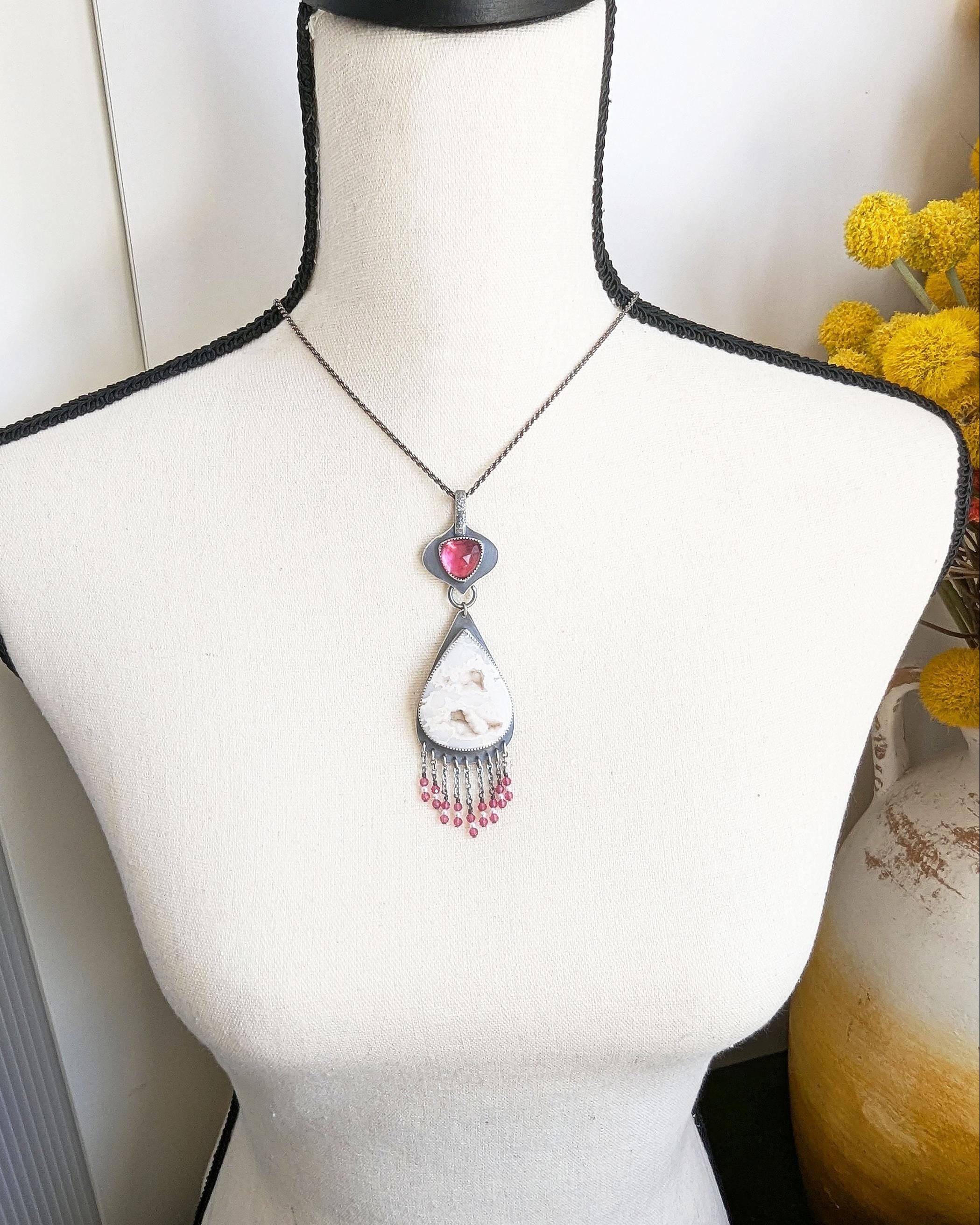 Oxidized sterling silver lace agate statement necklace shown on bust for scale with chain (not included)