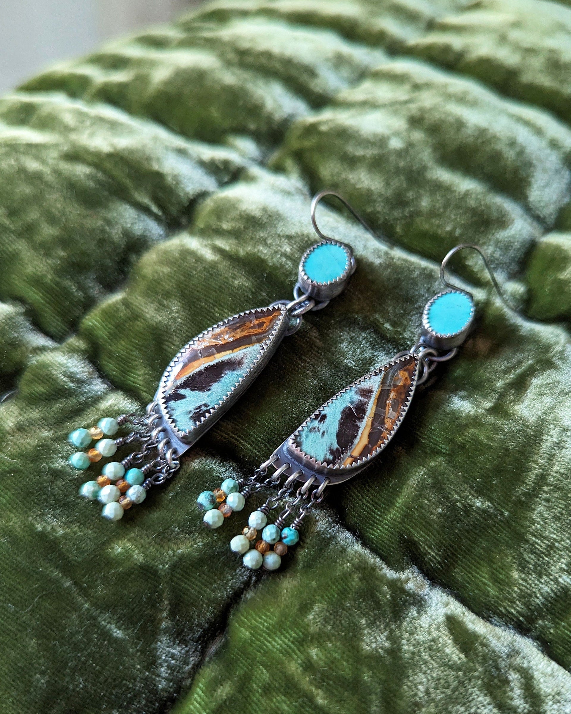 Two stone gemstone earrings with turquoise and opalized wood
