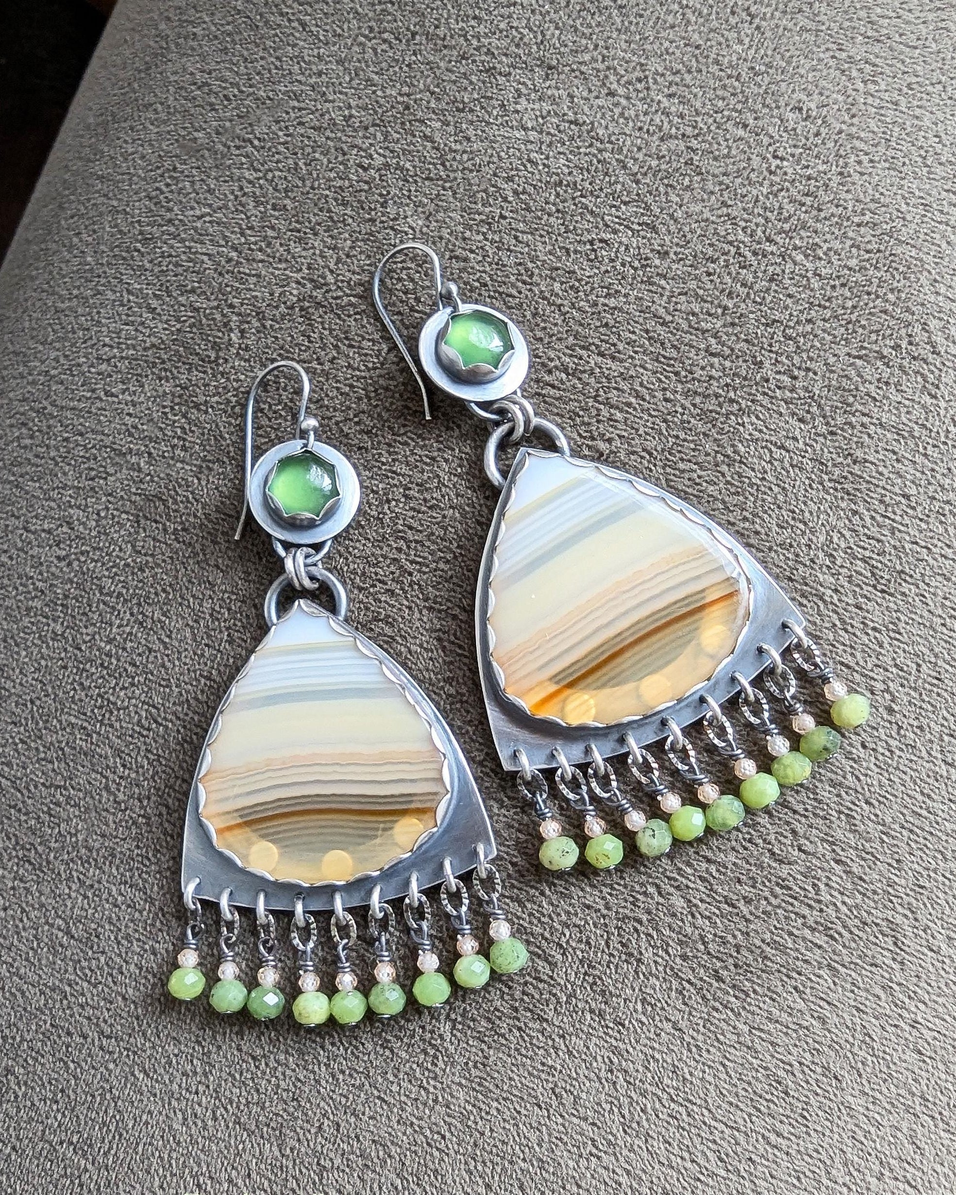 Large two stone agate and serpentine earrings in oxidized sterling silver