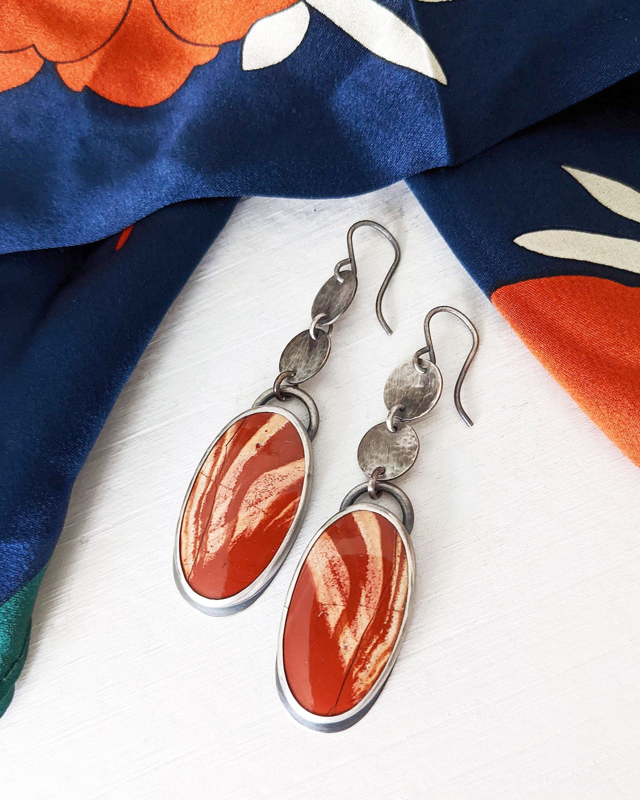 Orange red jasper statement earrings in artisan boho minimalist style