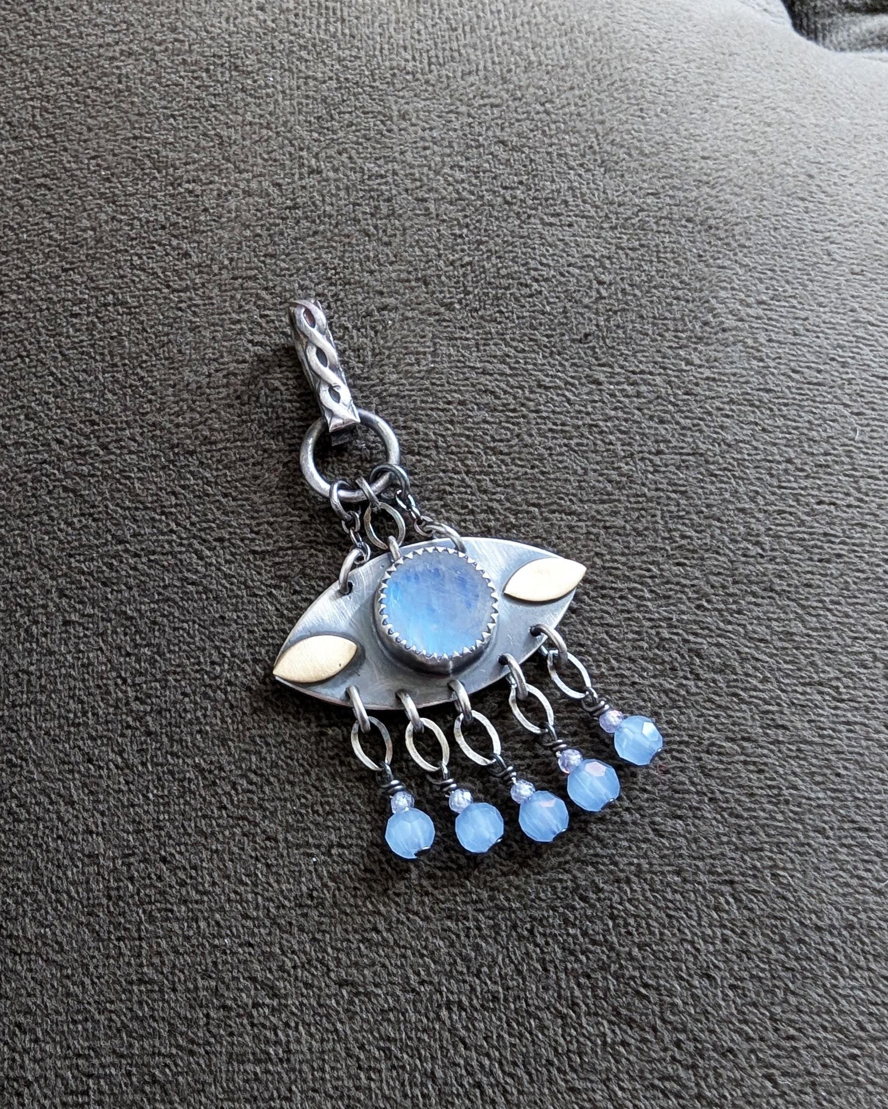 Artisan moonstone charm pendant with delicate sparkling fringe