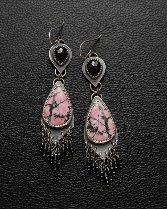 Pink and black gemstone earrings with rose cut spinel and chain fringe