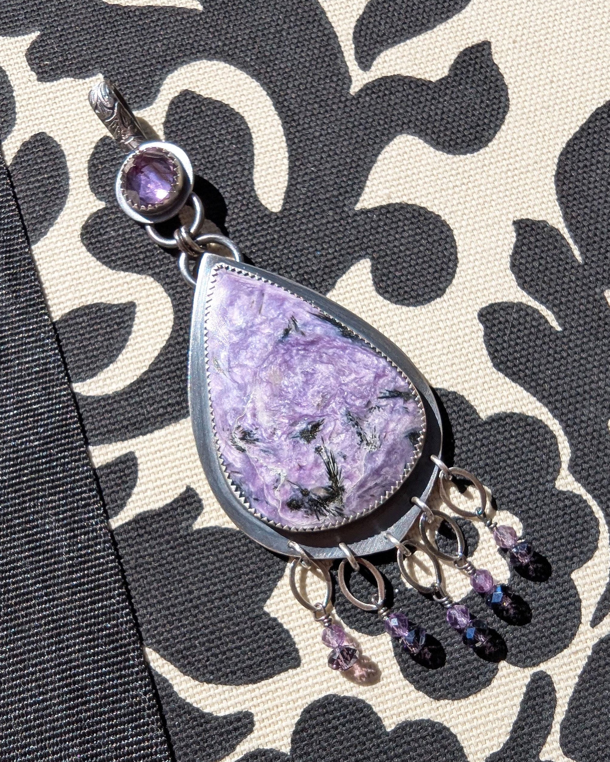Amethyst and purple crystal fringe pendant