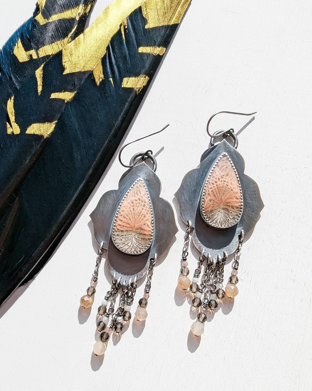 Neutral boho fossil coral statement earrings