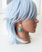 Boho amazonite gemstone statement earrings on mannequin for scale