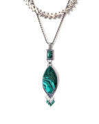Boho luxe green gemstone pendant with malachite and emerald shown on chain with layering necklaces for styling