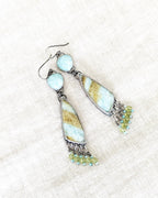 Two stone artisan earrings with blue green opalized wood and chain fringe
