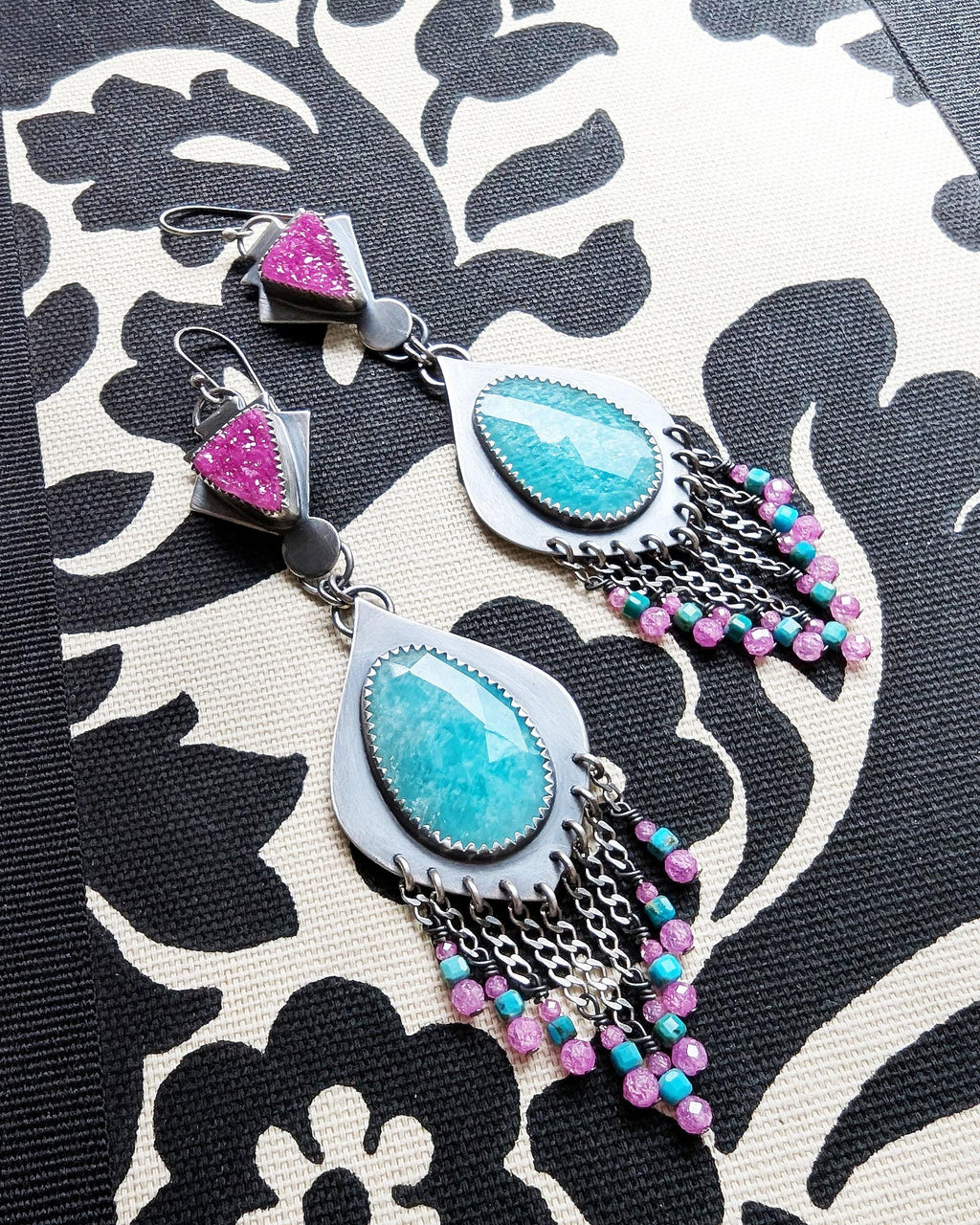 Luxury artisan earrings featuring cobalto calcite and amazonite