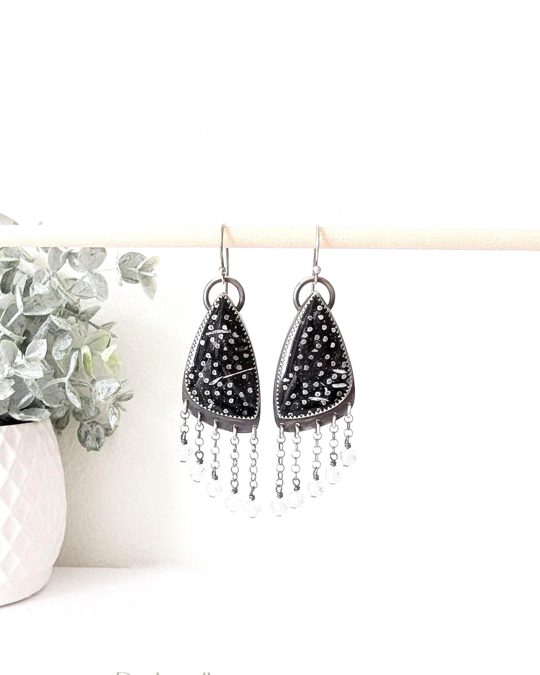 Palm root agate earrings in oxidized sterling silver with asymmetrical CZ bead fringe
