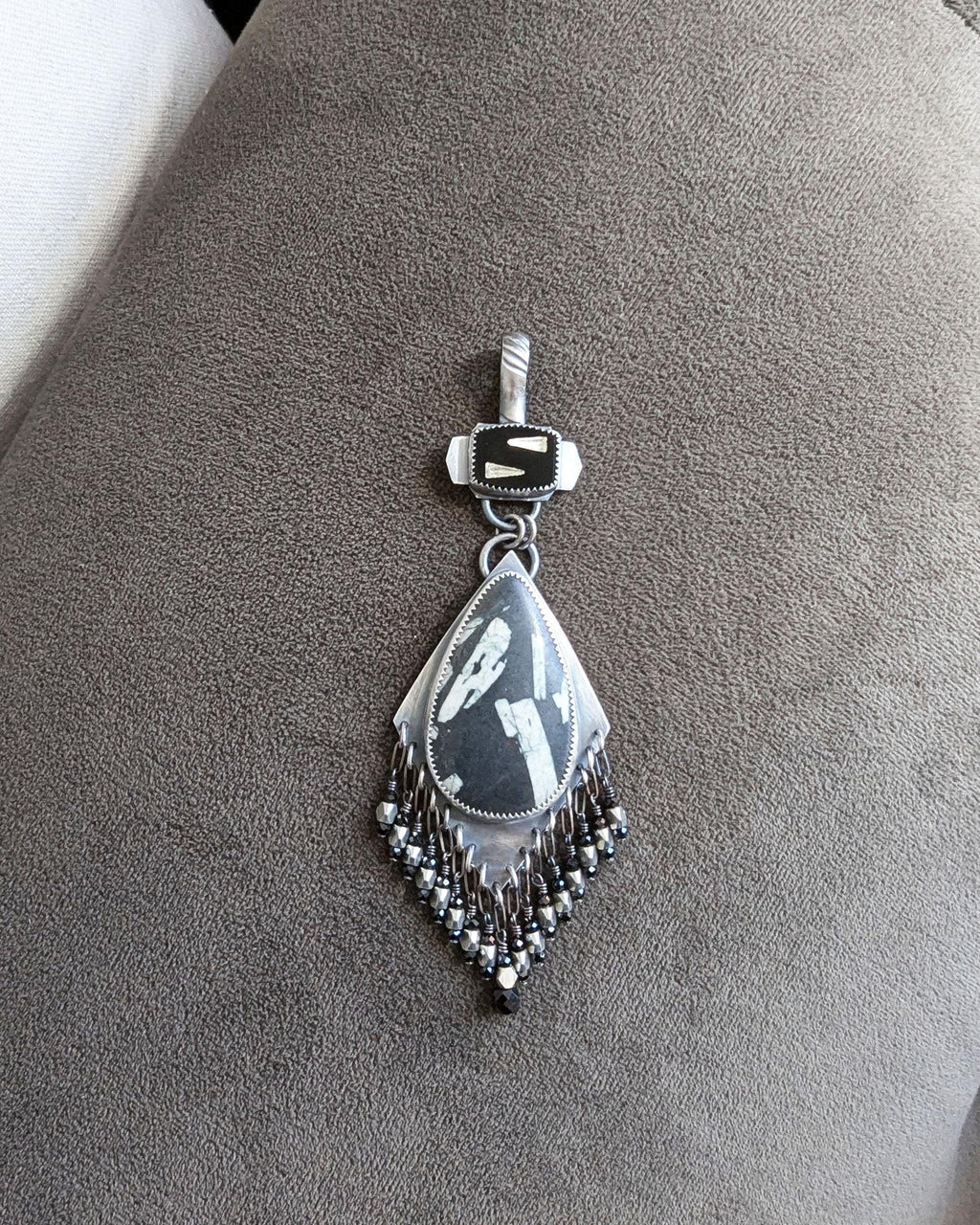 Vintage inspired black glass and rhinestone bail on artisan pendant