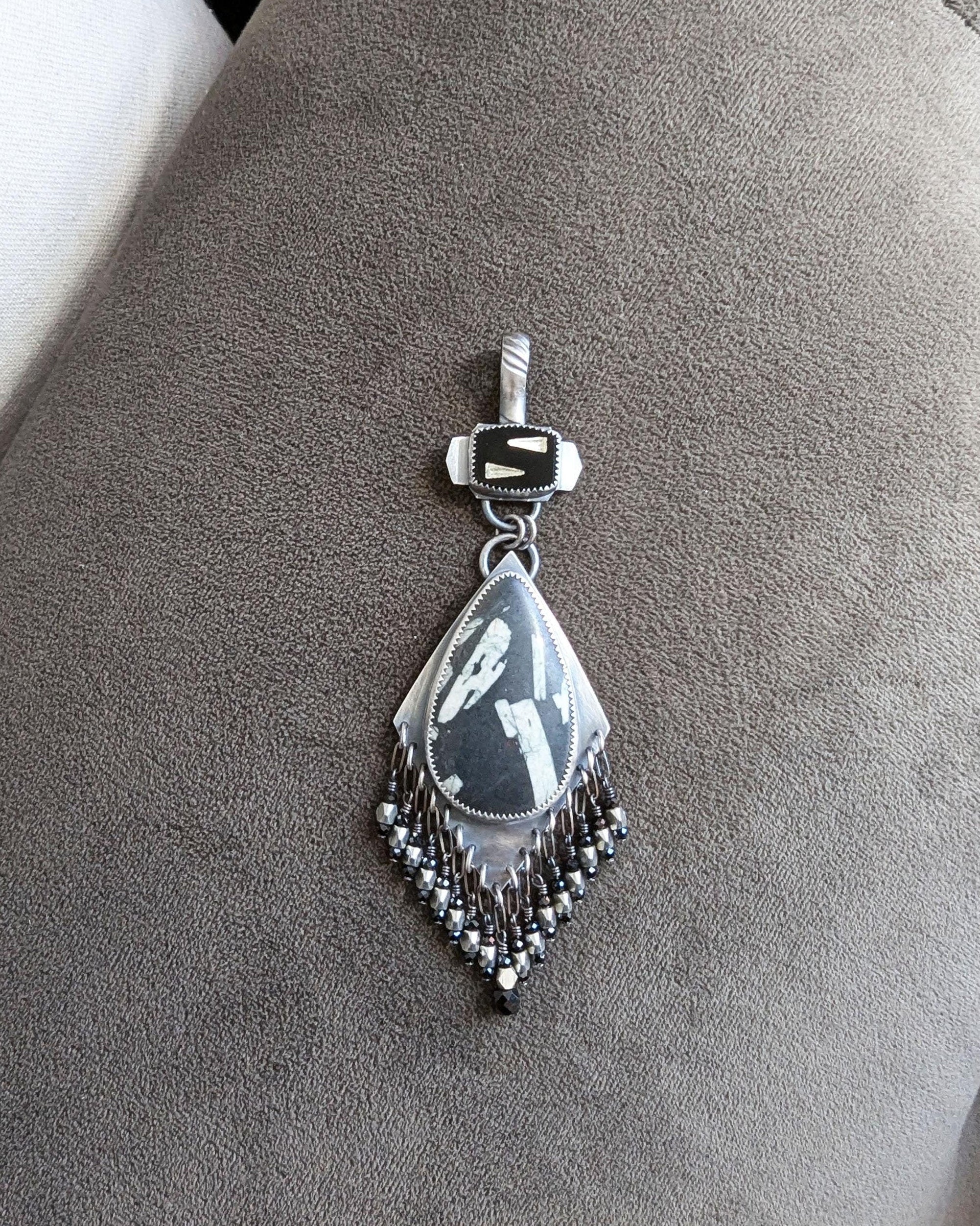 Vintage inspired black glass and rhinestone bail on artisan pendant