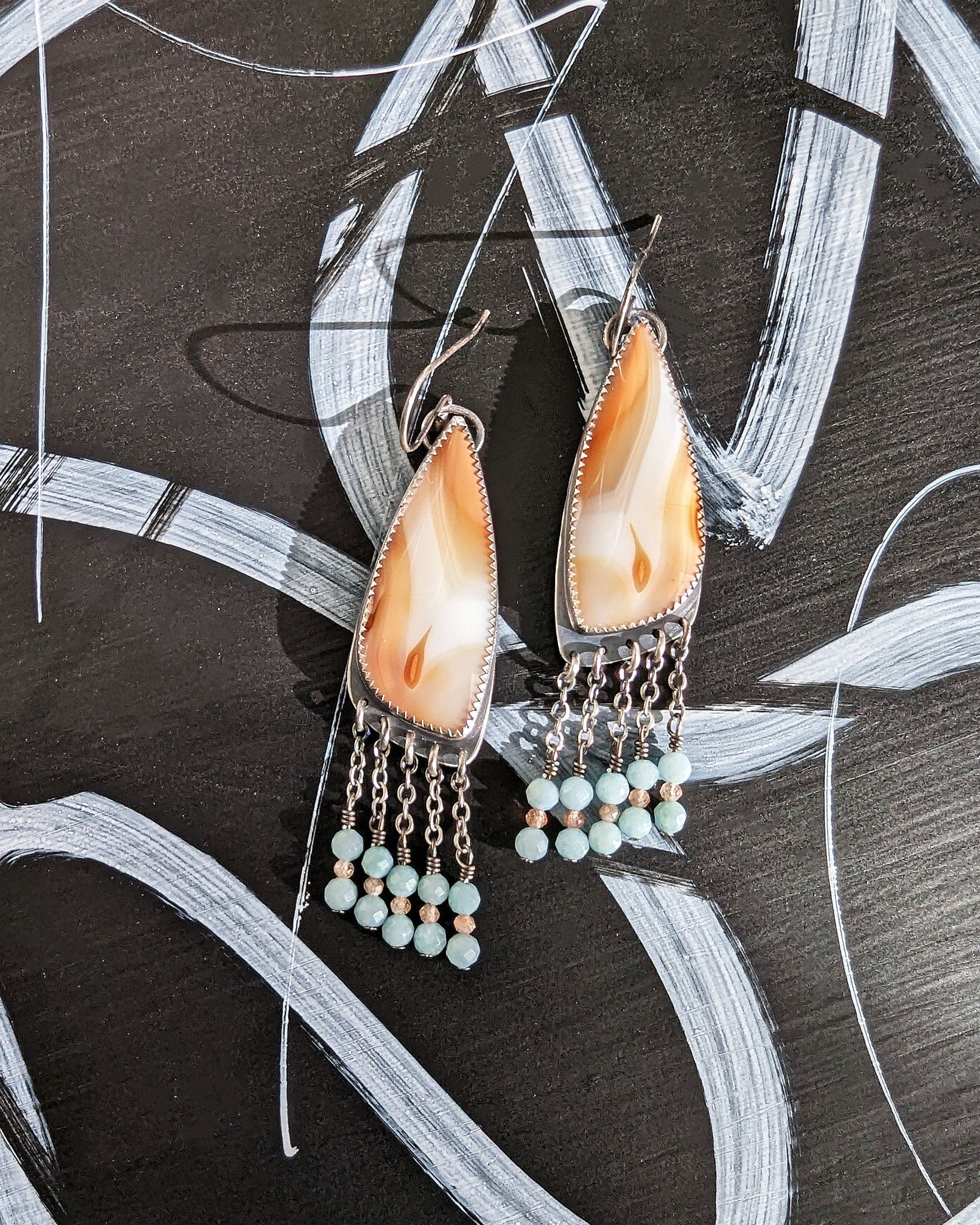 Asymmetrical agate dangle earrings with soft summer tones