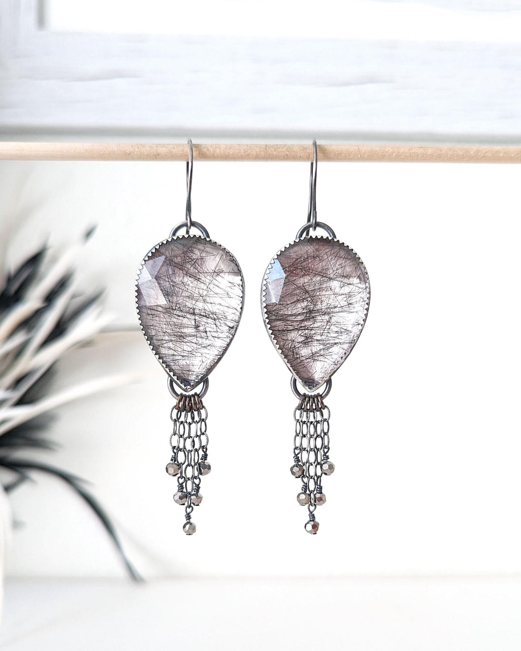 Black rutile quartz statement earrings in oxidized sterling silver
