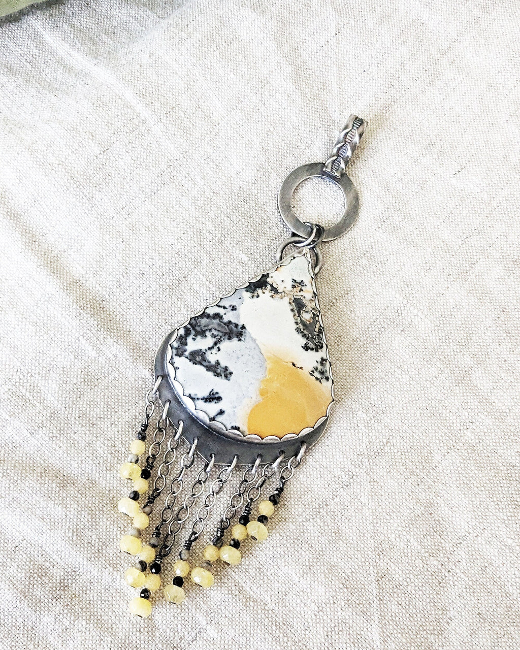 Oxidized sterling silver open work coin drop pendant