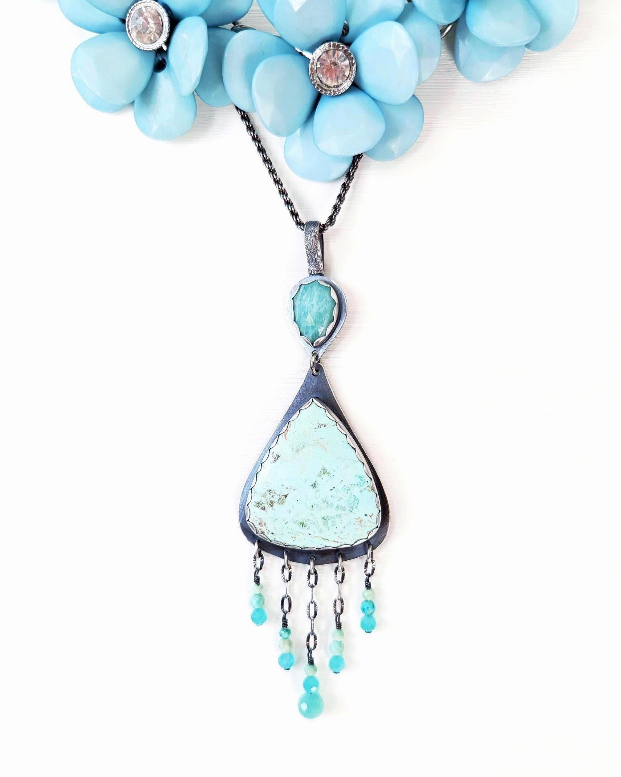Peruvian chrysocolla and amazonite pendant in oxidized sterling silver