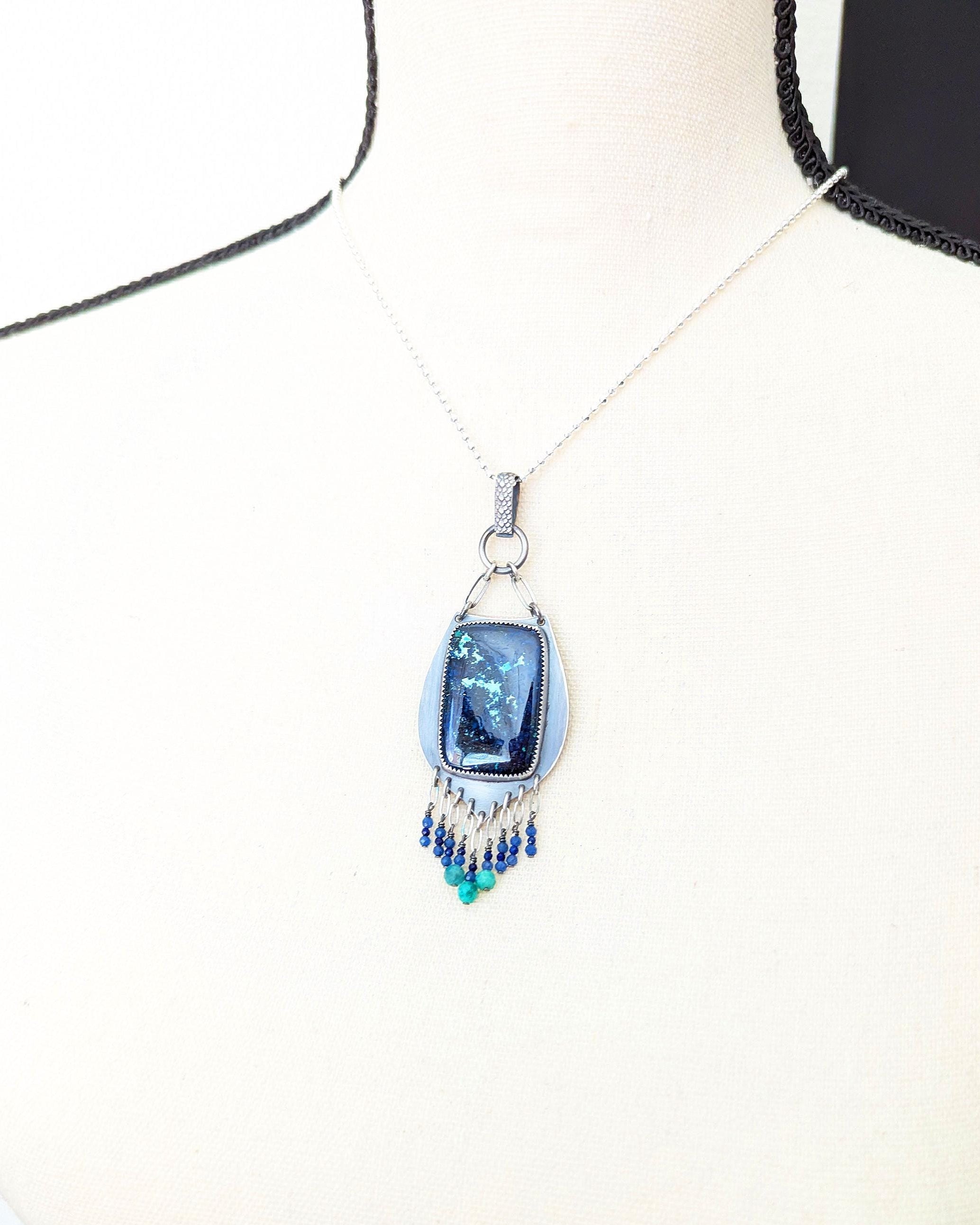 Shown on bust for size a one of a kind azurite malachite gemstone pendant by Rebellenhaus 