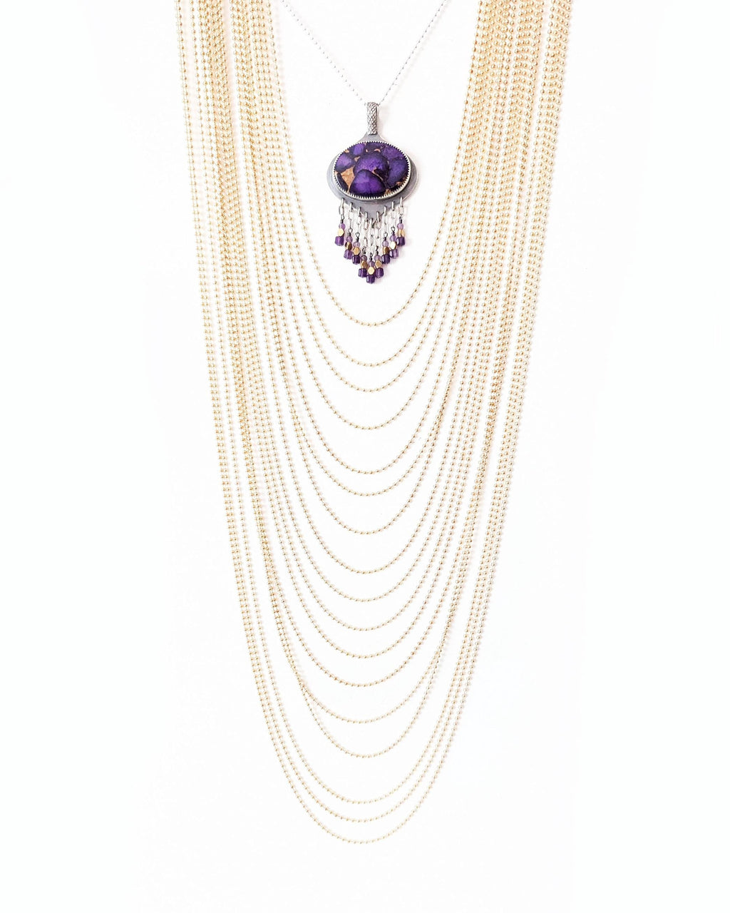 Violet statement pendant with artisan curvy sterling silver setting on chain with layering necklace (not included)