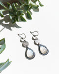 Grey moonstone coin drop earrings in oxidized sterling silver