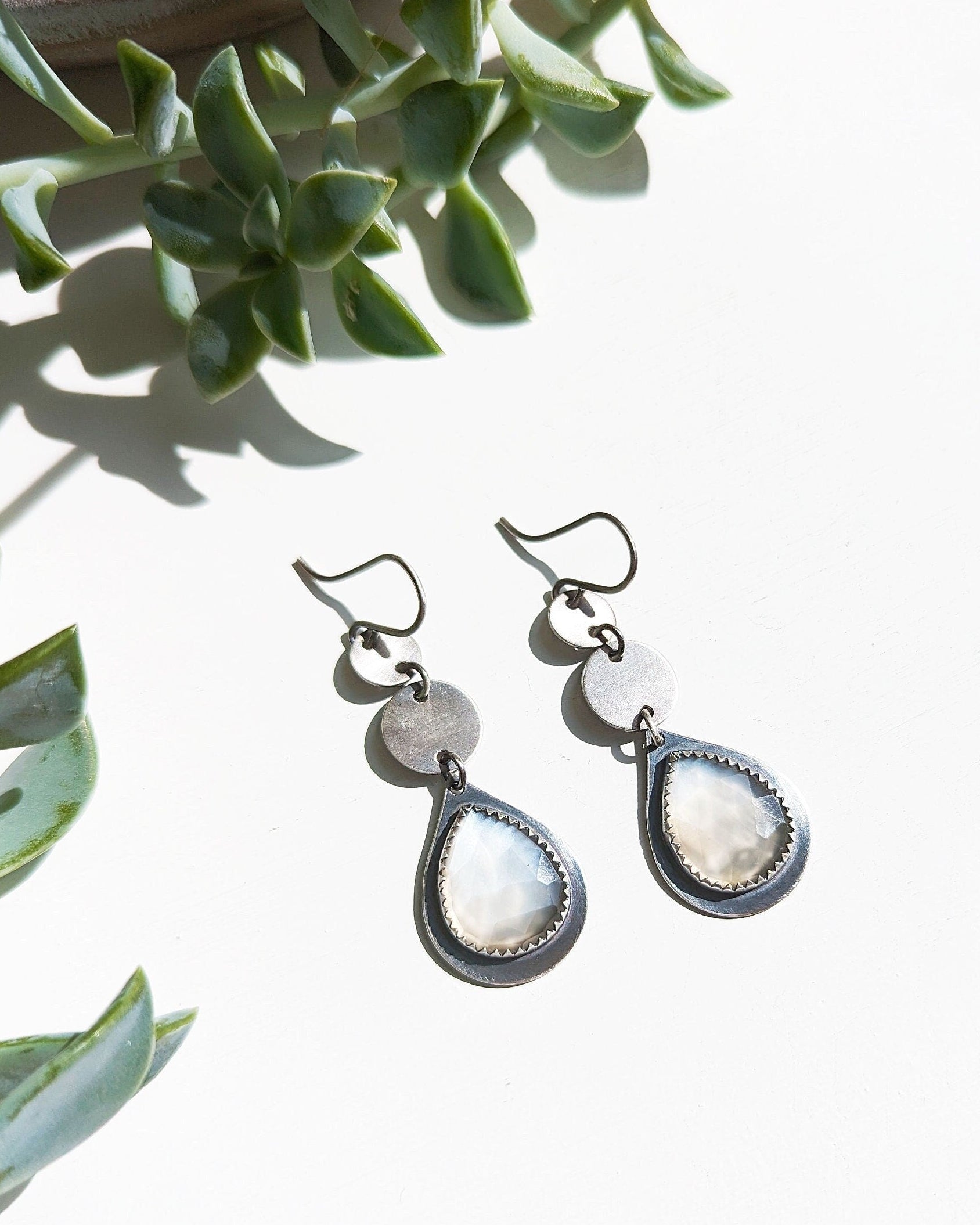 Grey moonstone coin drop earrings in oxidized sterling silver