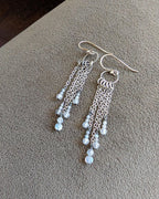 Minimalist long drop earrings featuring natural labradorite beads