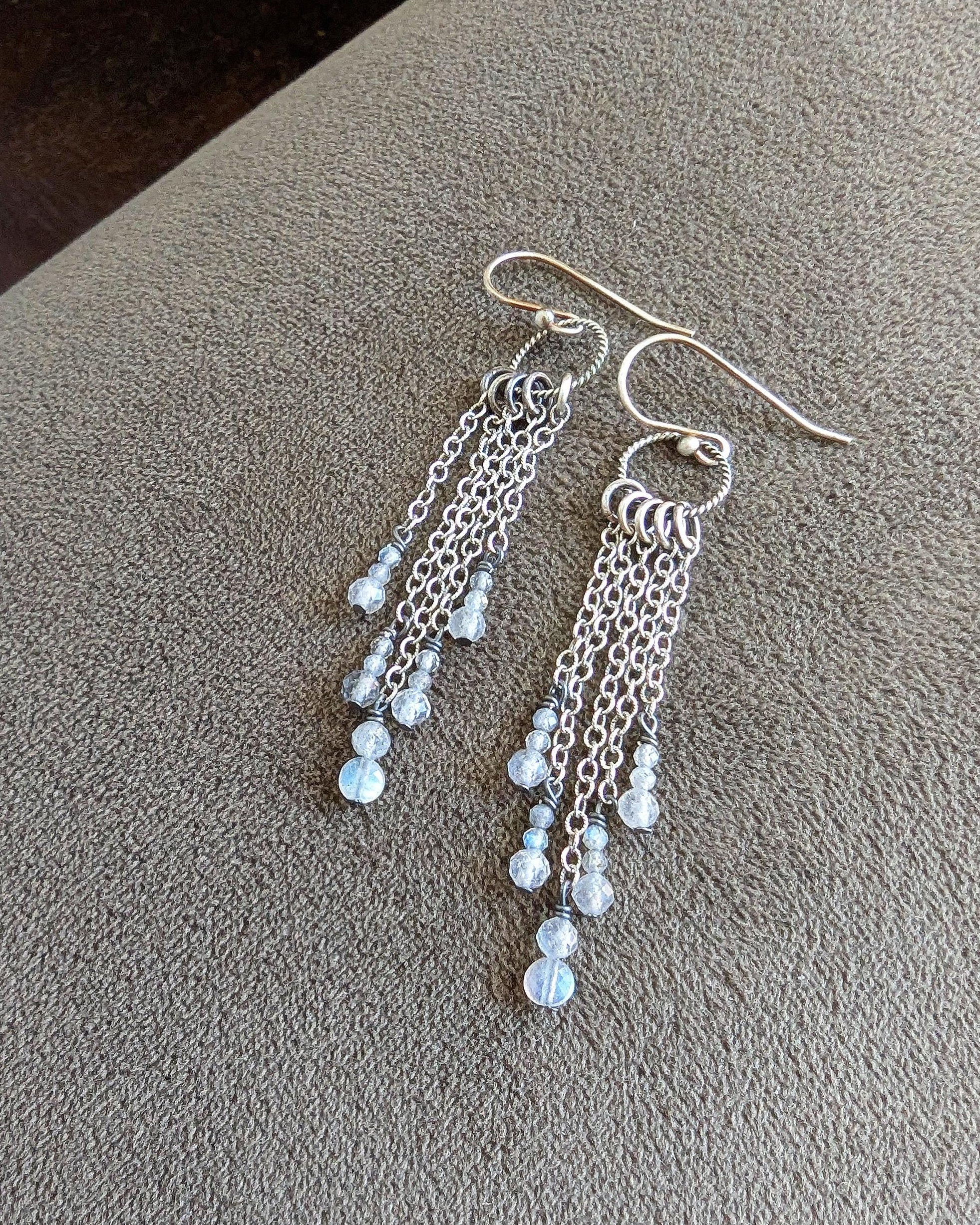 Minimalist long drop earrings featuring natural labradorite beads