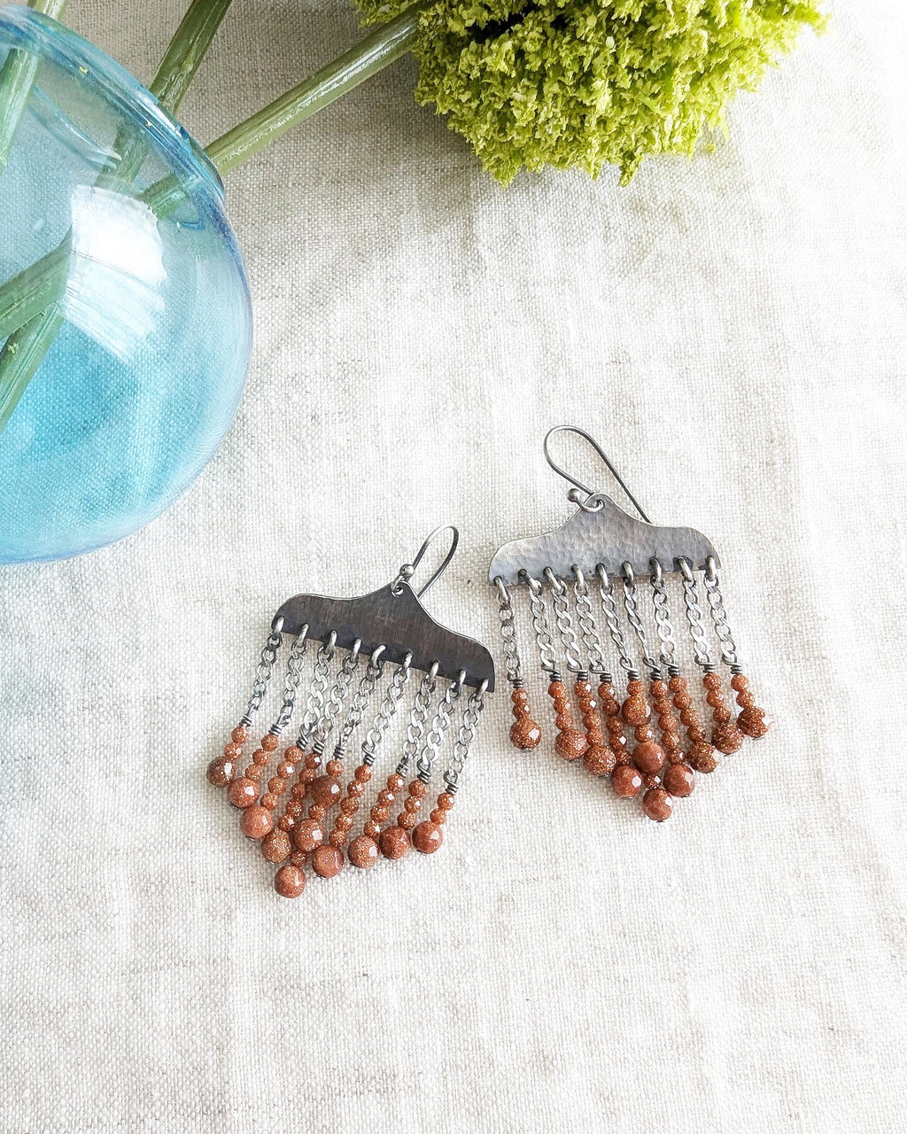 Burnt umber orange goldstone bead drops on oxidized sterling silver earrings
