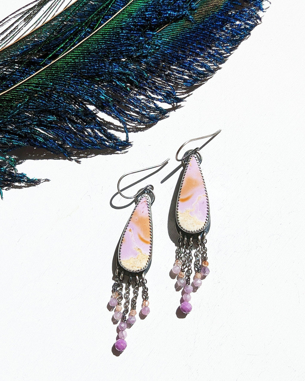 Lilac phosphosiderite dangle earrings with gemstone fringe