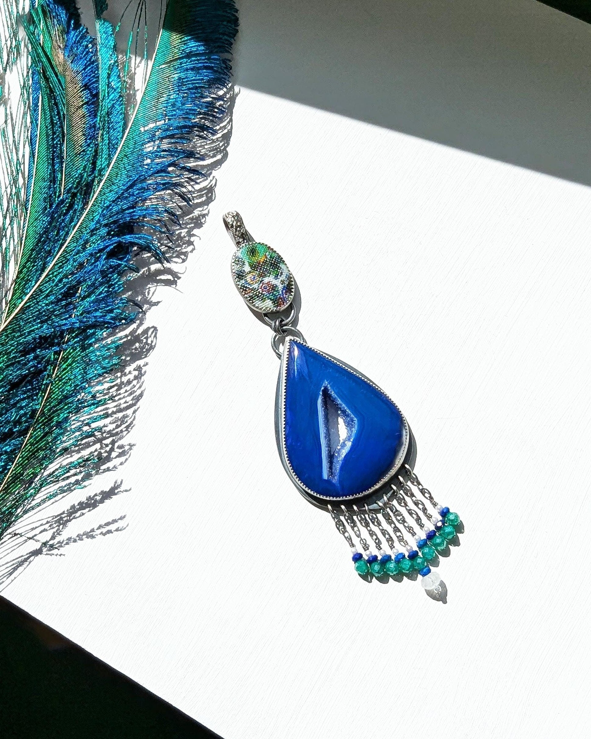 Blue druzy agate statement pendant with vintage millefiori glass bail