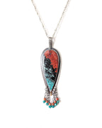 Red coral and amazonite bead fringe detail on Sonoran jasper teardrop pendant
