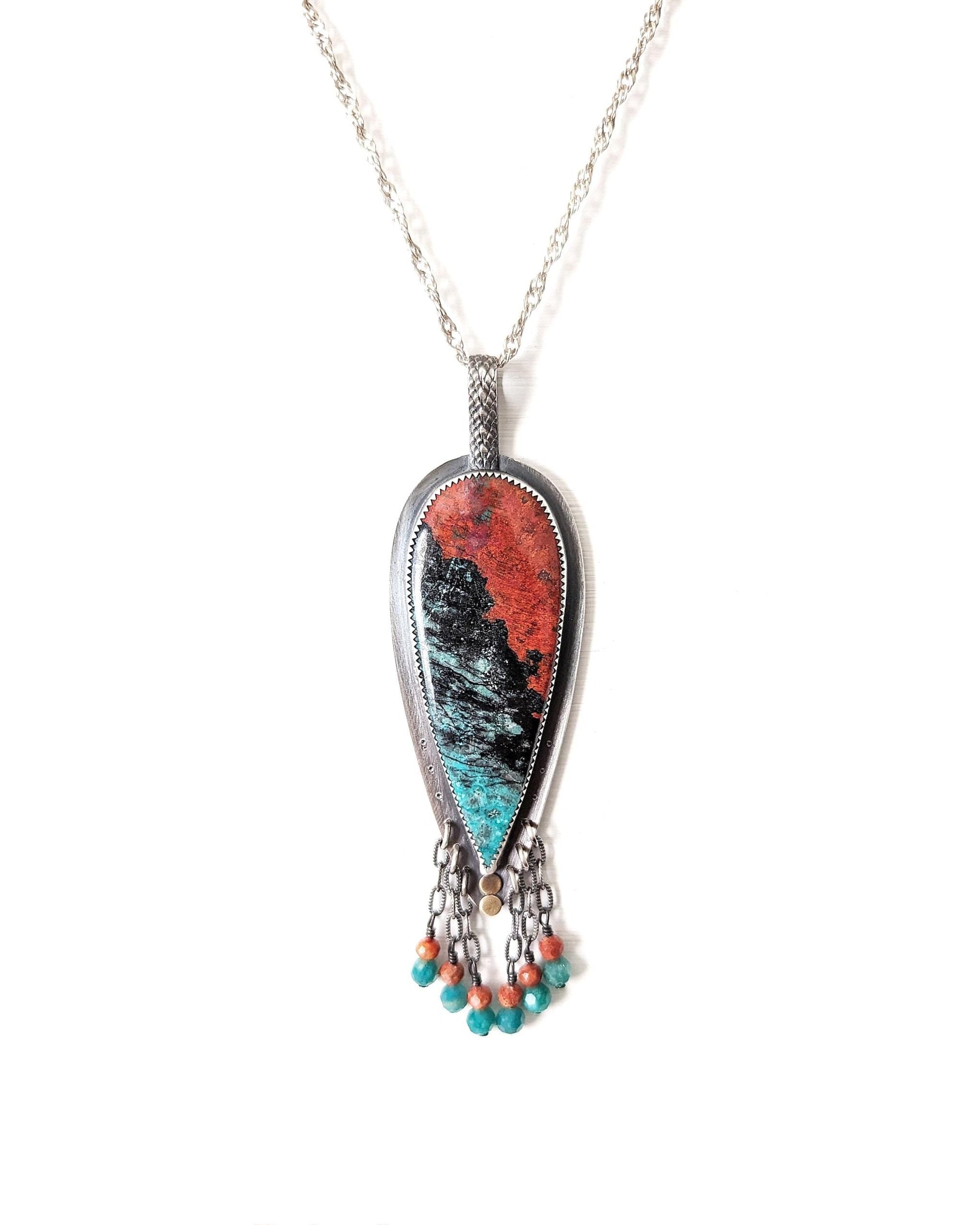 Red coral and amazonite bead fringe detail on Sonoran jasper teardrop pendant
