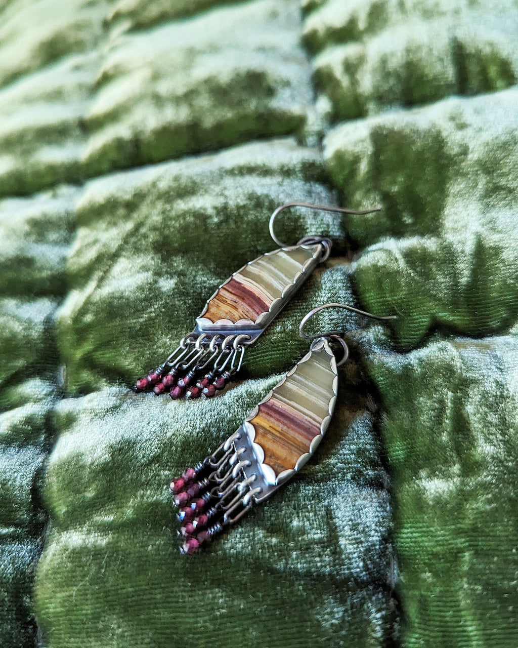 Striated green onyx artisan dangle earrings