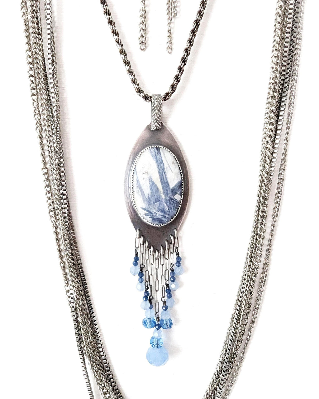 Kyanite in quartz fringe pendant in oxidized sterling silver chain not included