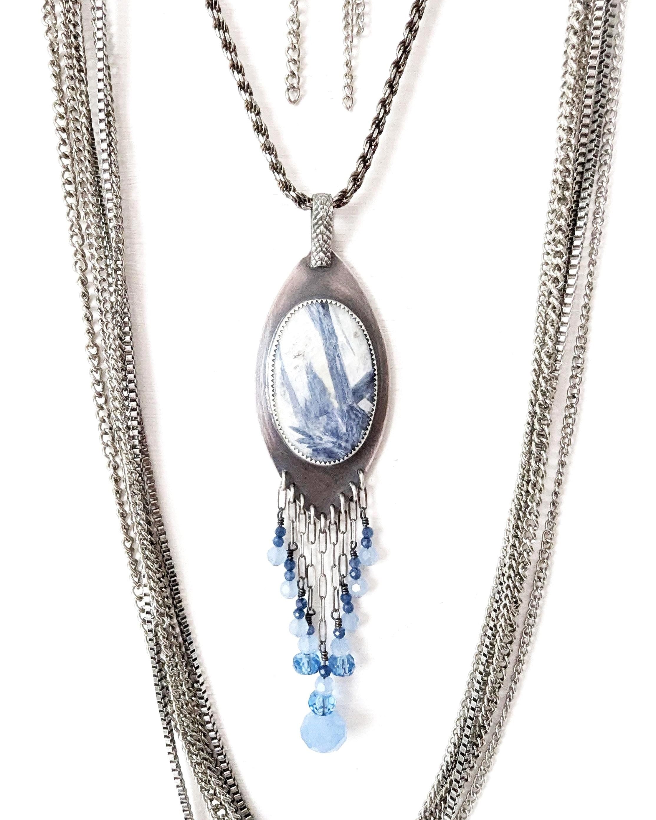 Kyanite in quartz fringe pendant in oxidized sterling silver chain not included