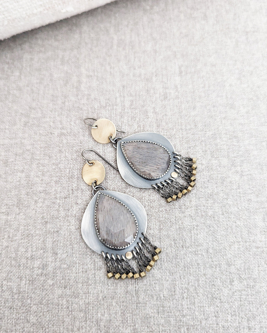 Boho chic moonstone earrings with brass coin and heishi bead fringe