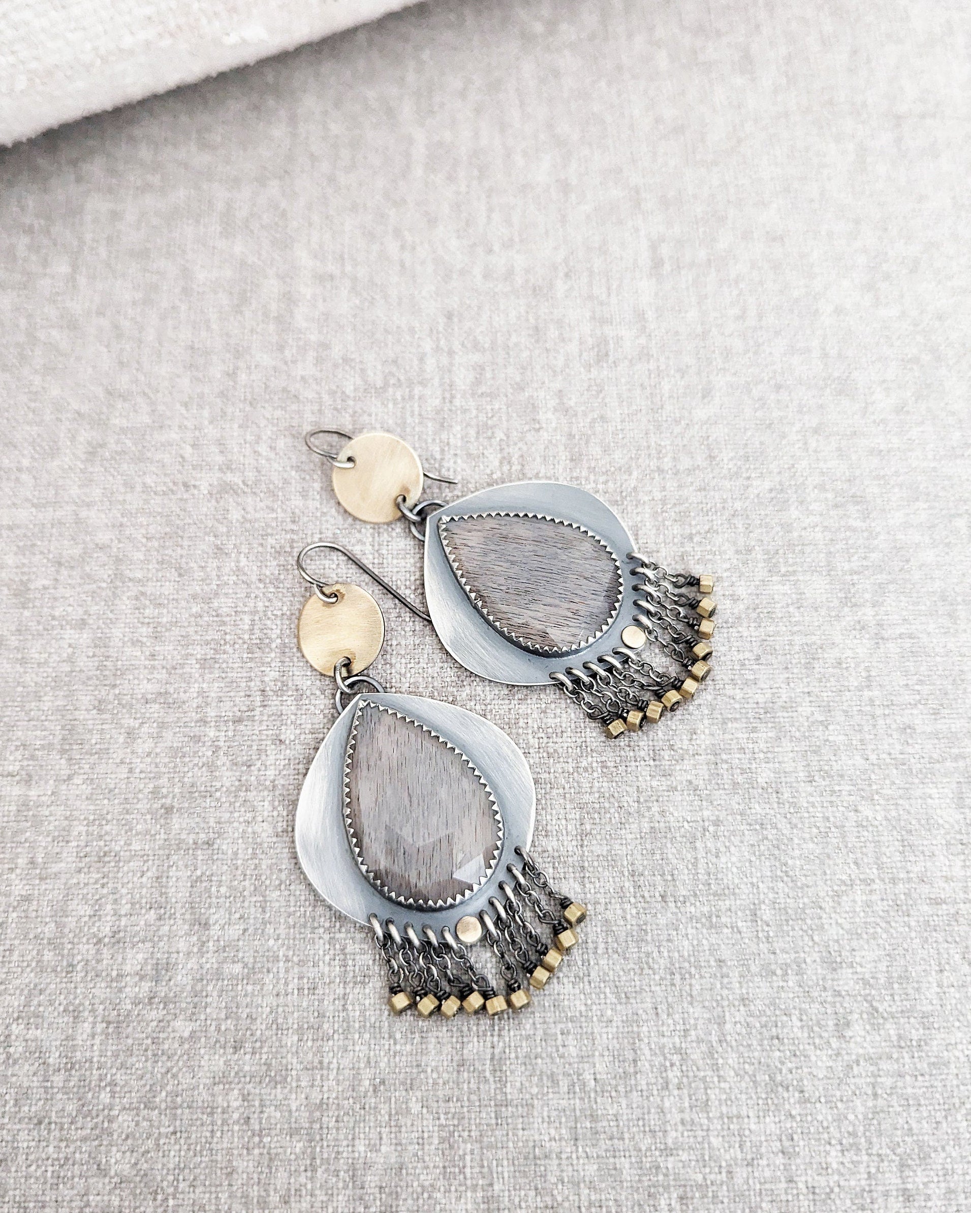 Boho chic moonstone earrings with brass coin and heishi bead fringe