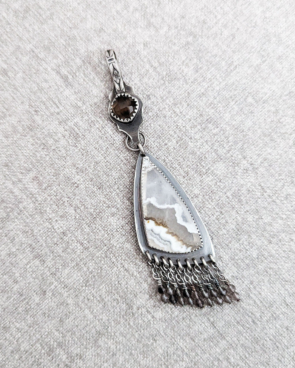 Smoky quartz micro faceted bead fringe detail in oxidized silver