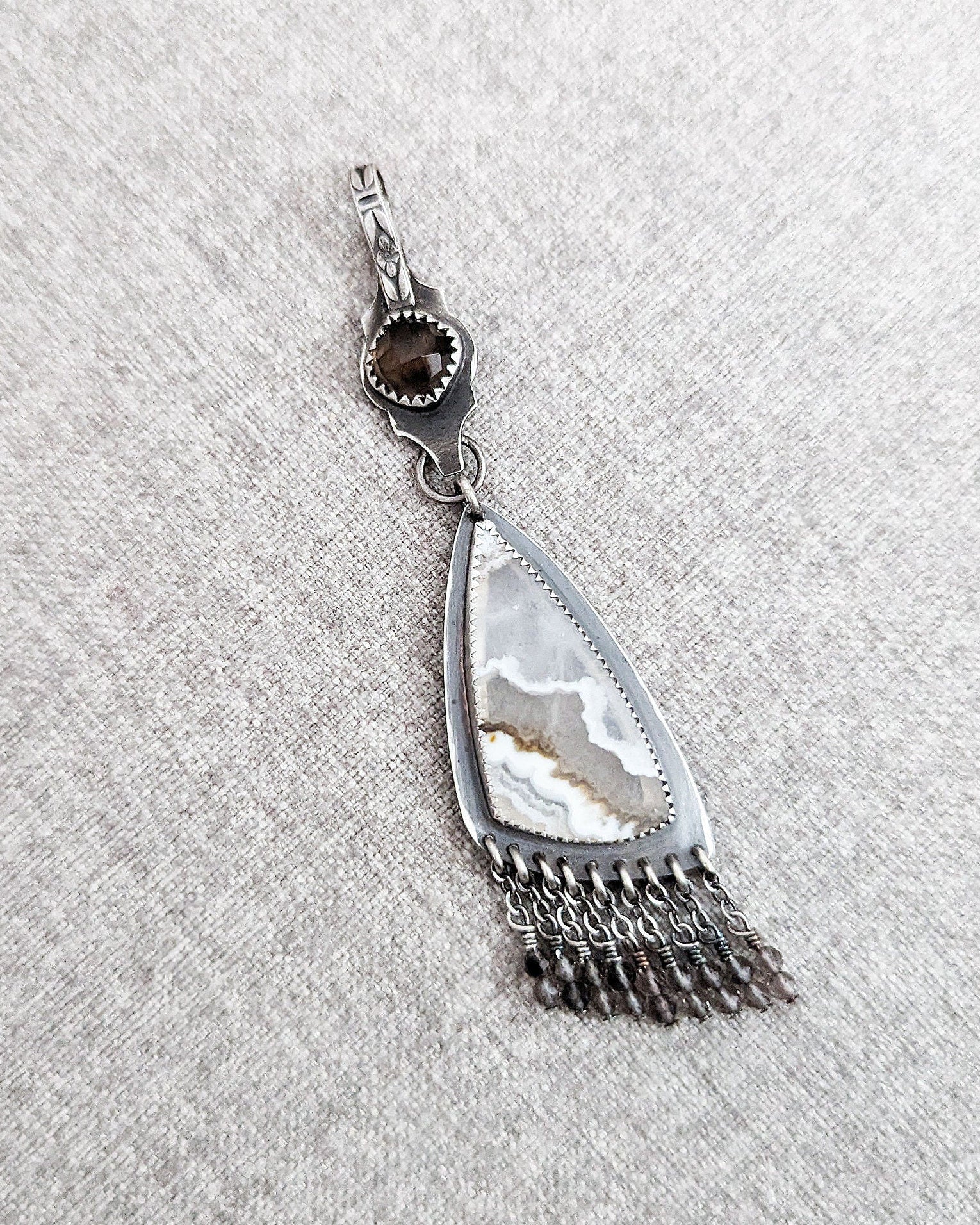 Smoky quartz micro faceted bead fringe detail in oxidized silver